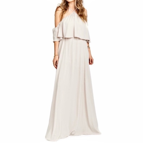 NEW SHOW ME YOUR MUMU BEIGE COLD-SHOULDER CHIFFON MAXI DRESS - Picture 4 of 7
